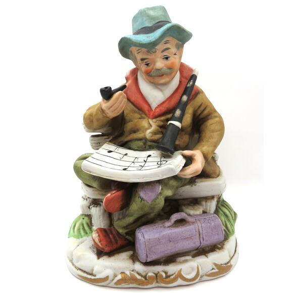 Vintage Chalkware/Ceramic Musician Figurine Old Man with Pipe and Clarinet 8" - Picture 2 of 9